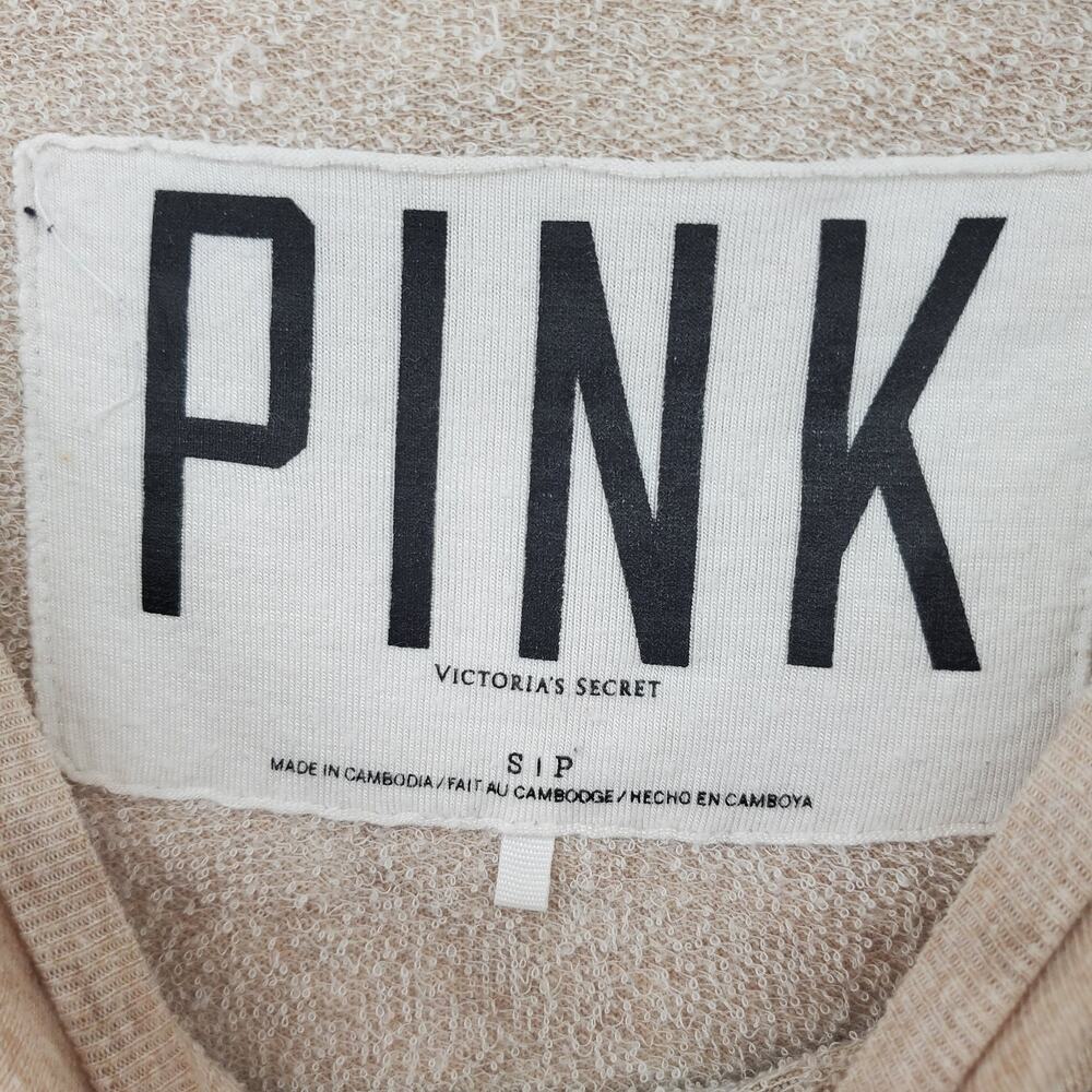 VS Pink Y2K Athletic Oversized Logo Jeweled Long Sleeve Sweatshirt Oatmeal Tan S - Picture 4 of 9